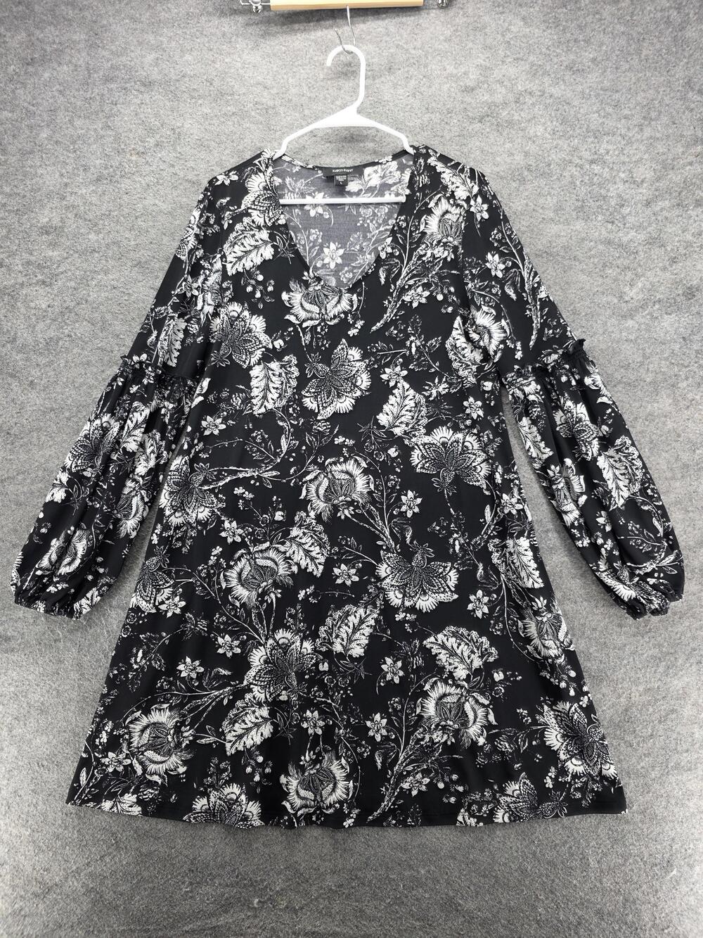 Karen Kane Dress Womens Large Black White Floral Long Sleeve A-Line Made USA